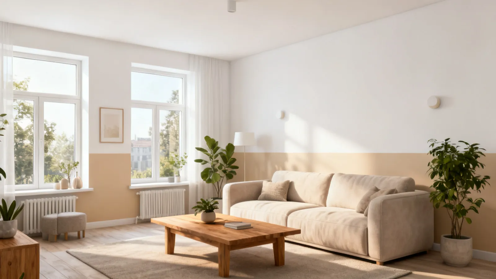living room with warm white and beige interior wall colors