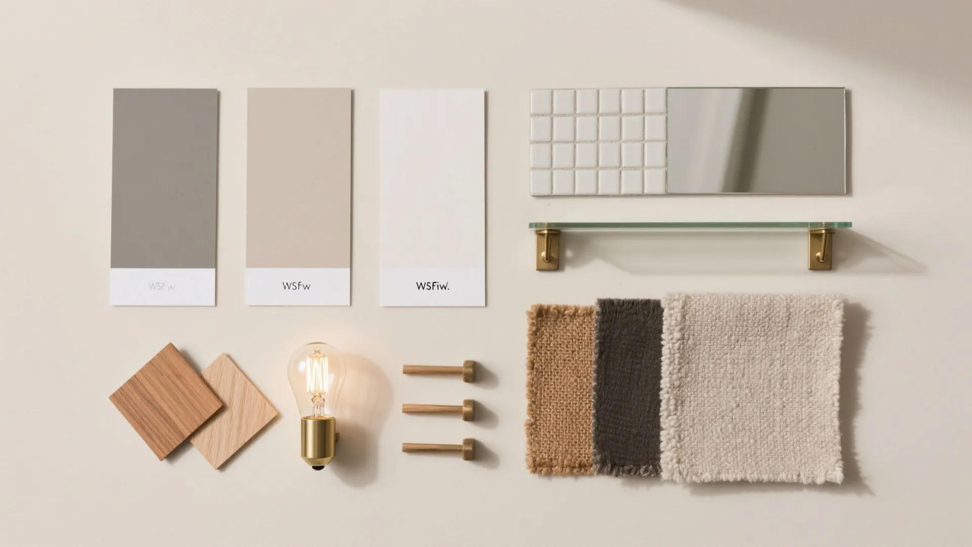 Interior design mood board with paint samples tiles wood pieces light bulb and fabric texture swatches
