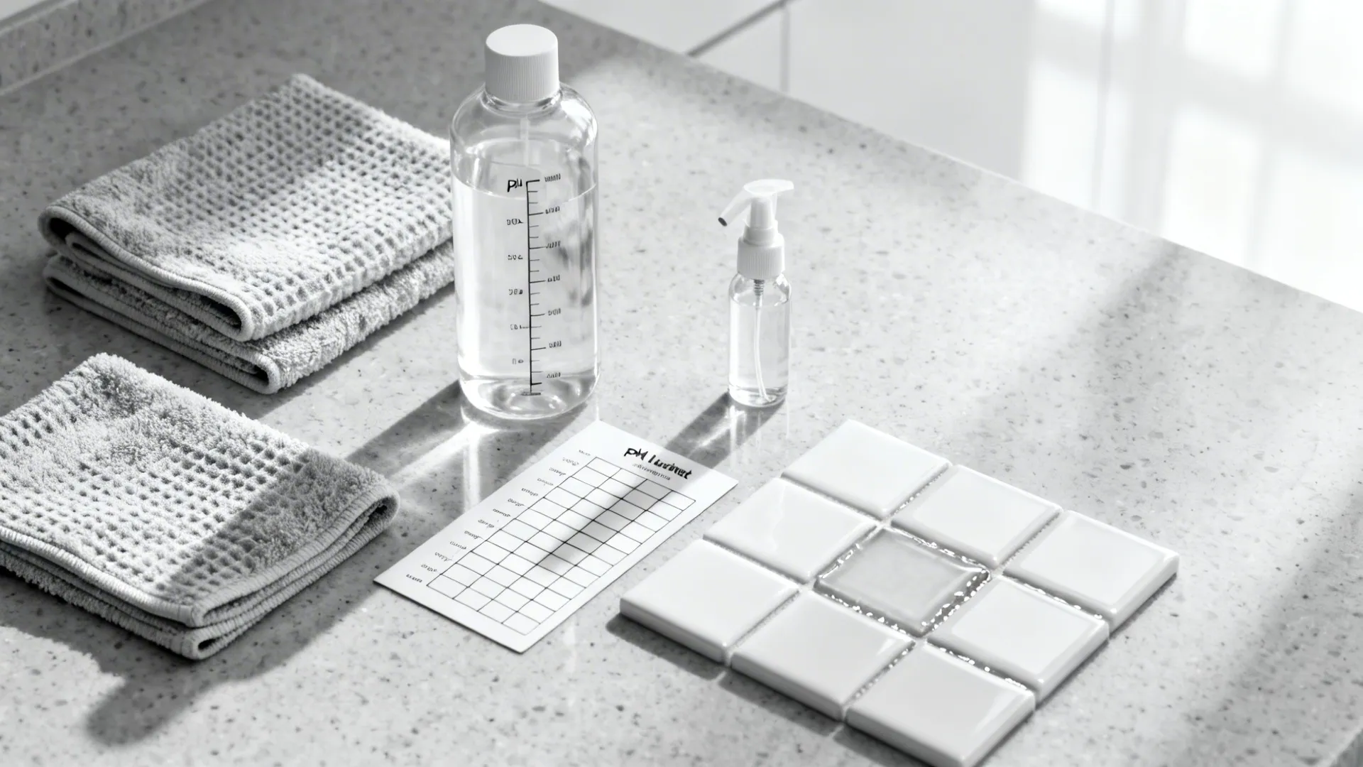 Flat lay of microfiber cloths, pH-neutral cleaner, spray bottle, and tile samples.