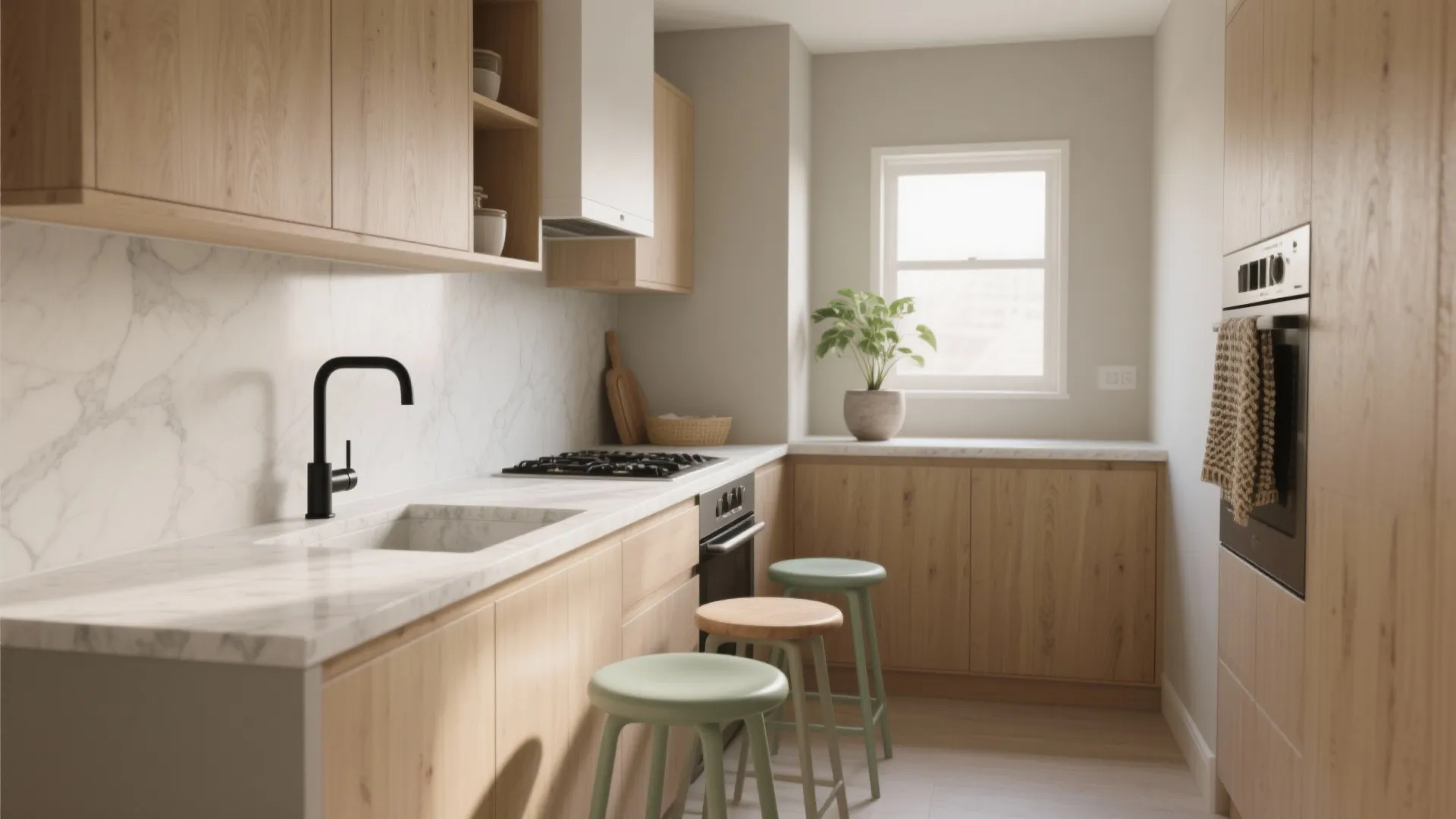 Bright kitchen with wooden cabinets white marble counter black faucet green stools and window light