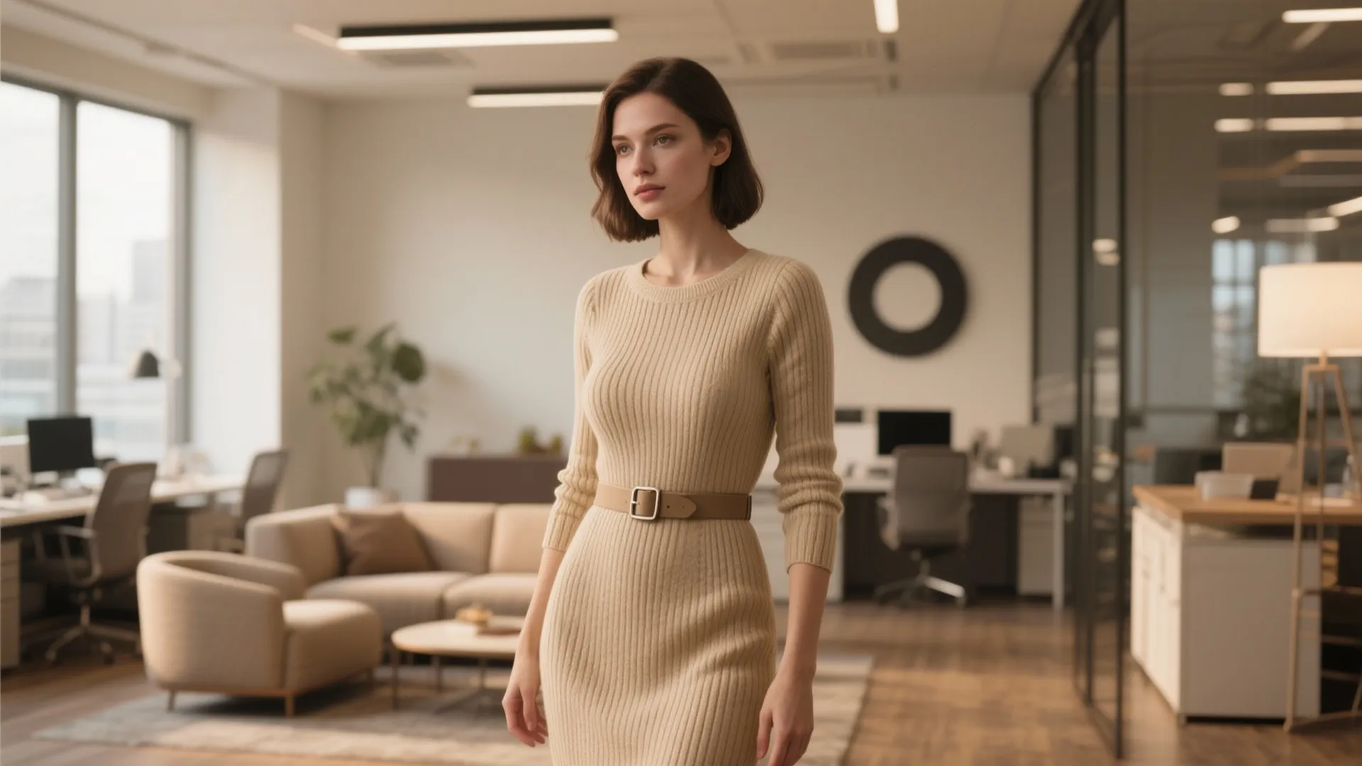 5. Neutral Knit Dress with Belt