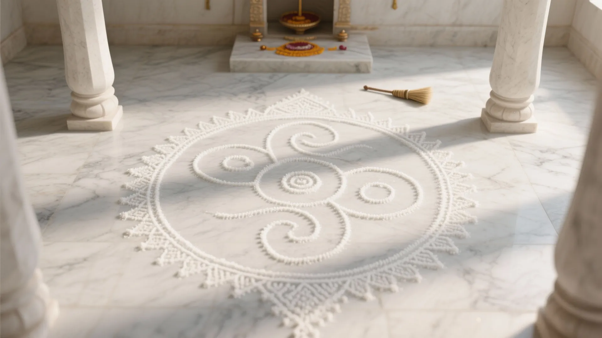 White circular floor art on marble surface with pillars and soft sunlight in a room