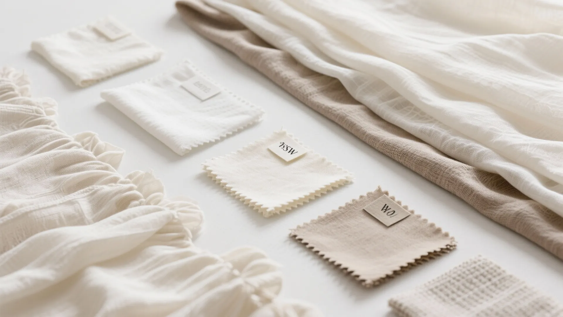 Selection of neutral fabric samples in white and beige colors arranged neatly on white surface