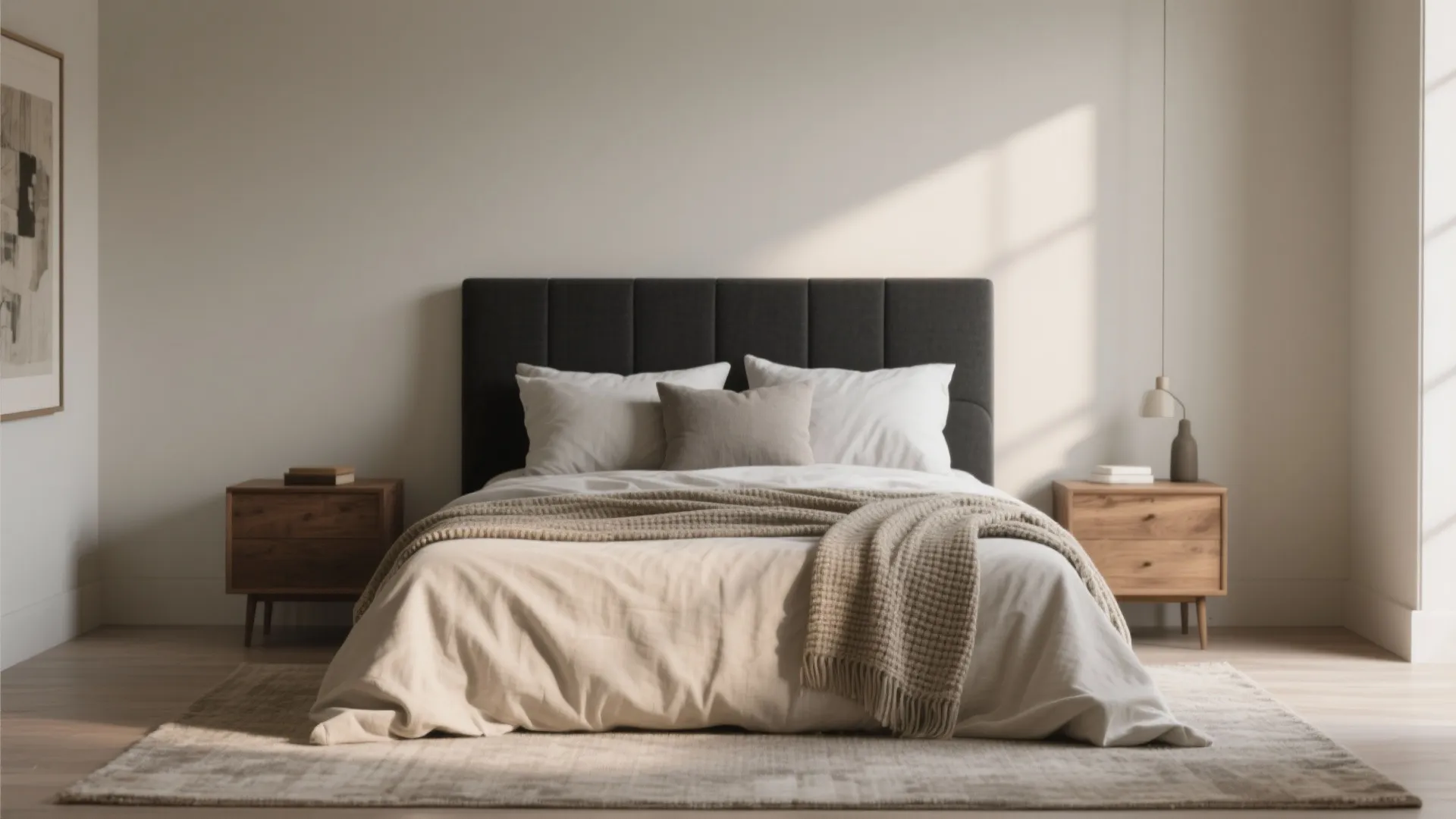 Modern bedroom with dark headboard wooden nightstands white bedding beige blanket rug and natural light