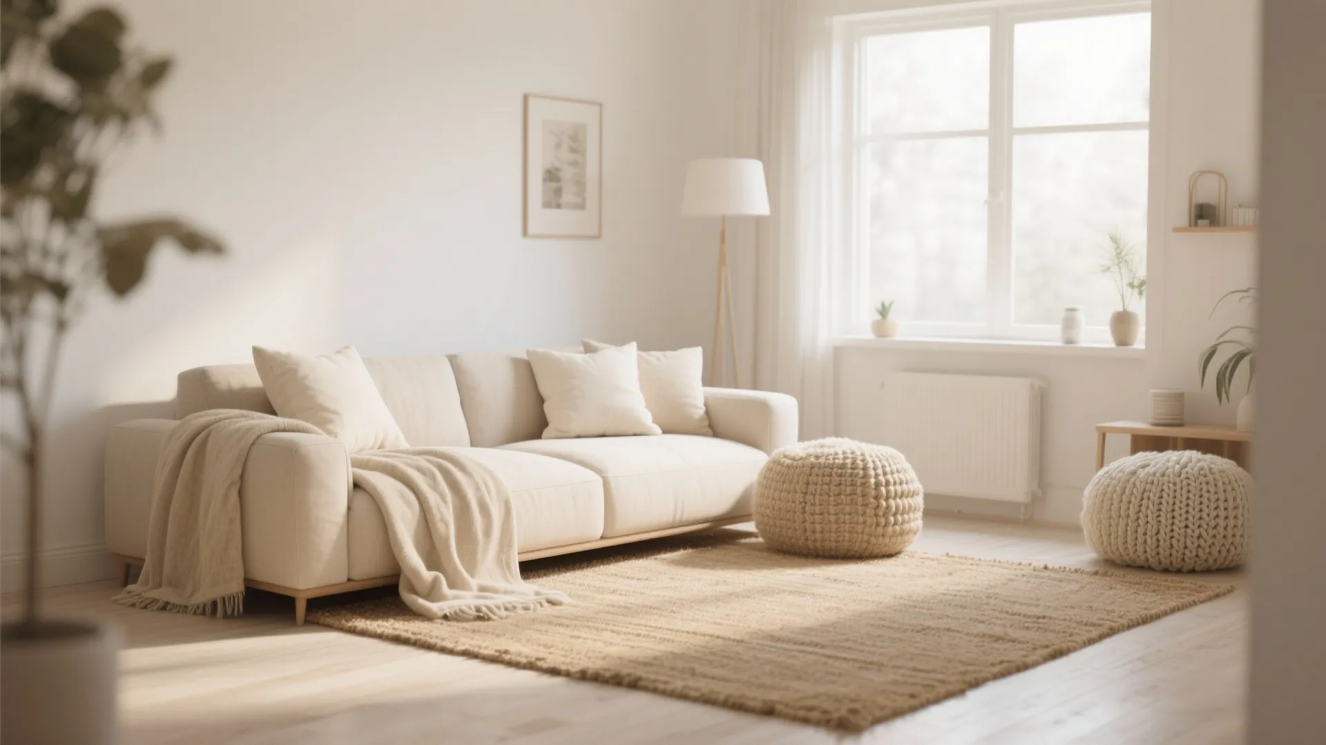 Neutral toned living room with beige throws, cream pillows and jute rug
