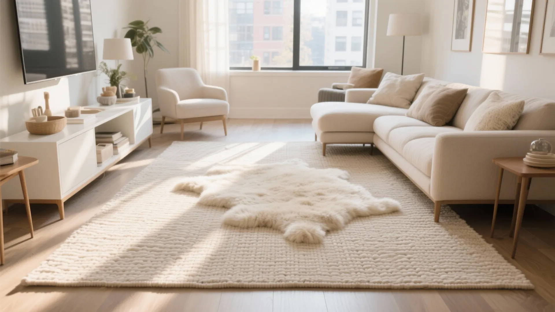 Modern bright living room with white sofa white armchair beige rug and faux fur rug