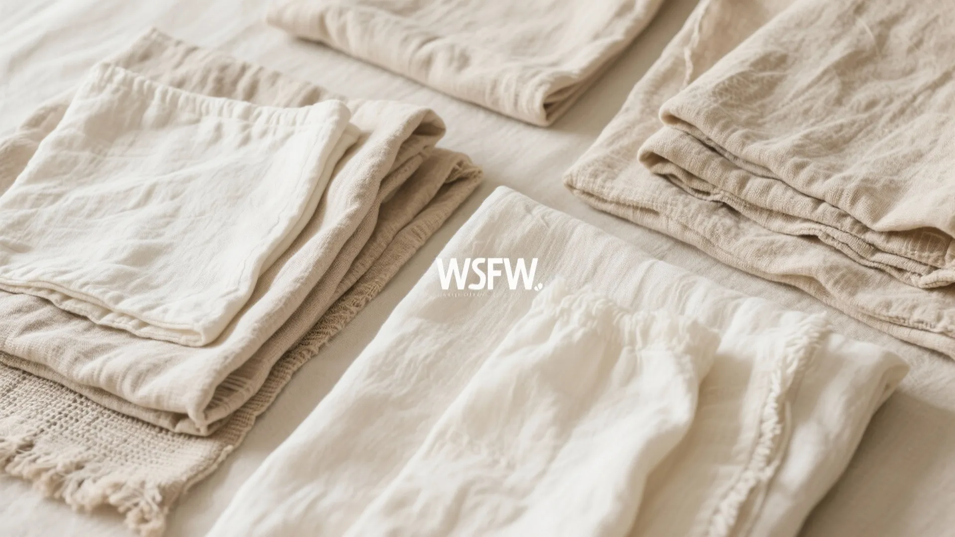 Soft folded beige and white linen fabrics layered on bed showing natural texture and clean look