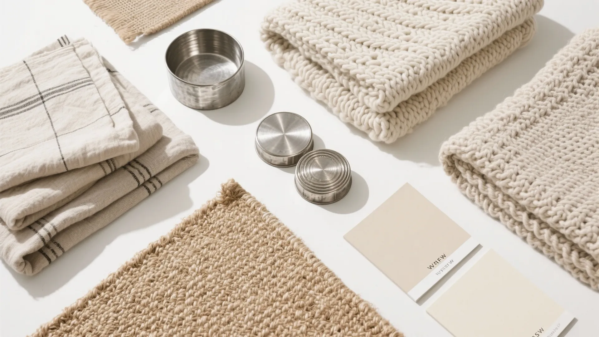 Mood board with neutral fabric samples, woven textures, metal containers, and beige paint color cards