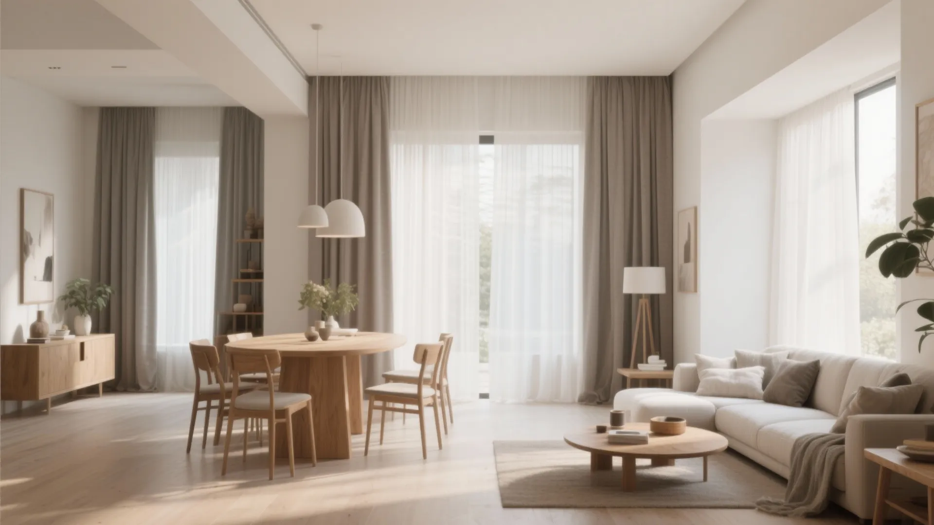Open-plan space with layered neutral curtains