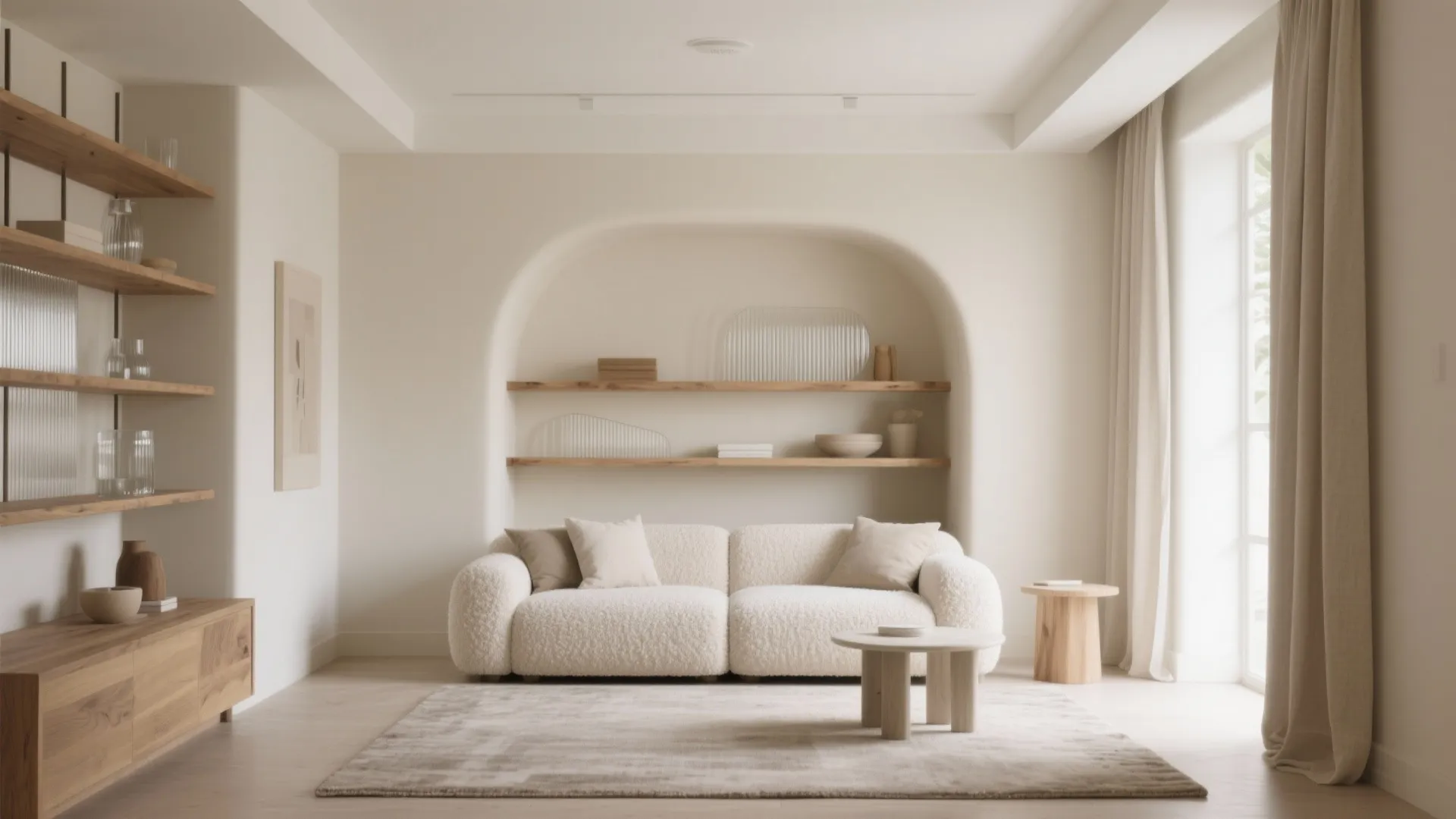 Minimalist cream living room with white sofa arched wall niche wooden shelves and neutral rug