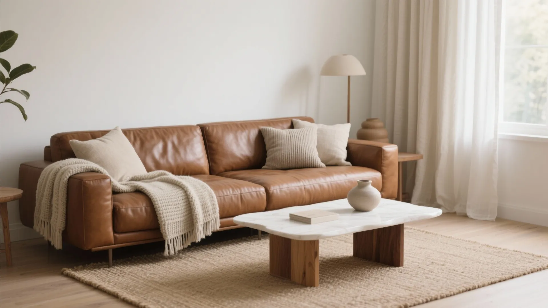 Layered neutrals and textures around the brown couch