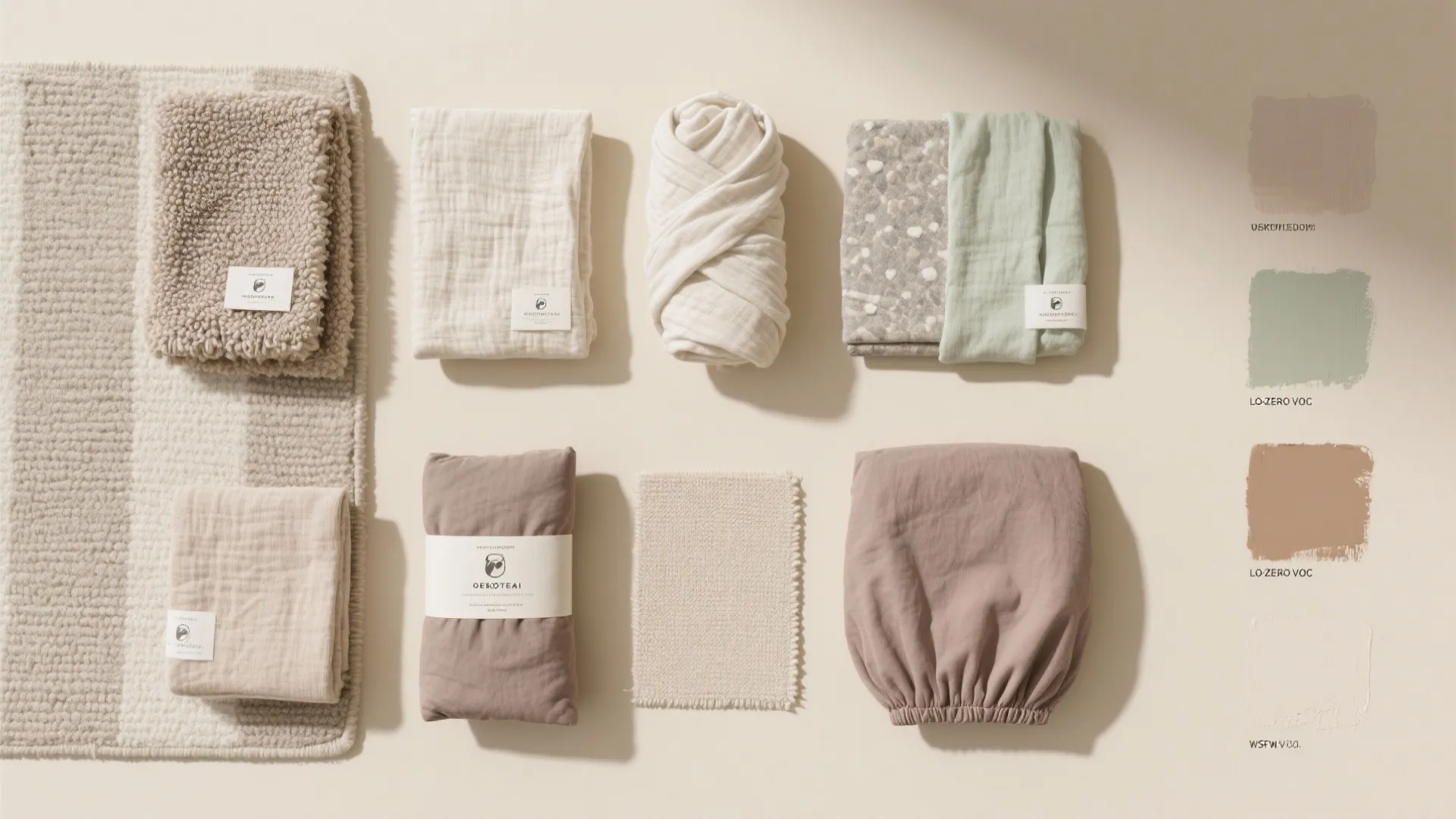Collection of soft neutral baby blankets and fabric swatches displayed with four organic paint colors