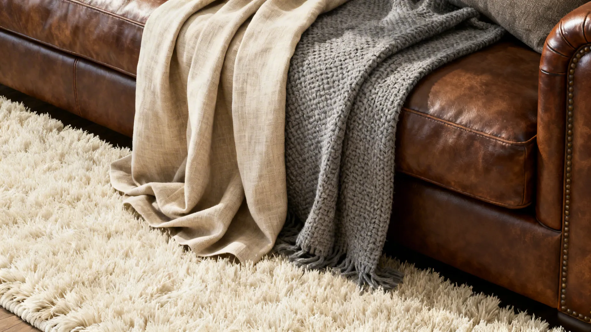 Close-up of neutral textiles and leather sofa edge showing layered textures.