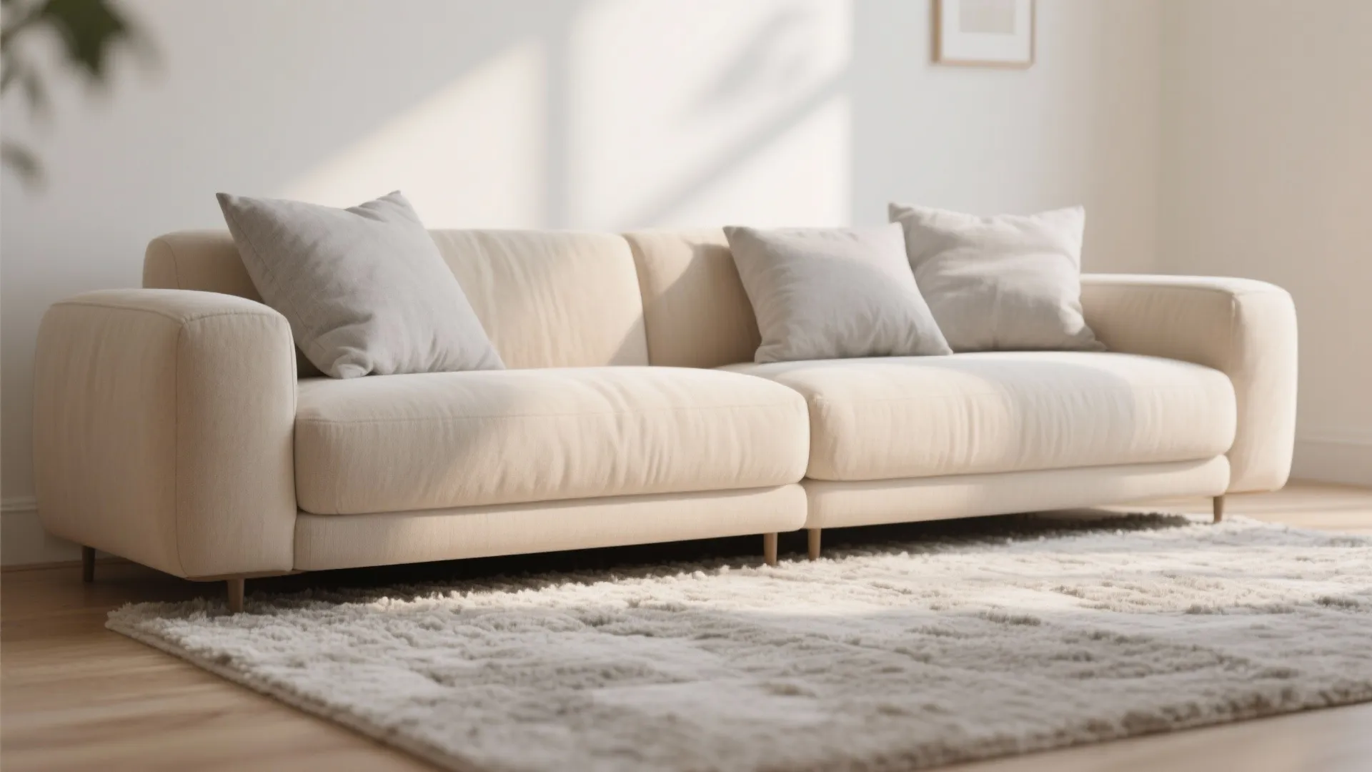 Cream fabric sofa with grey pillows placed on a soft white rug over wooden floor