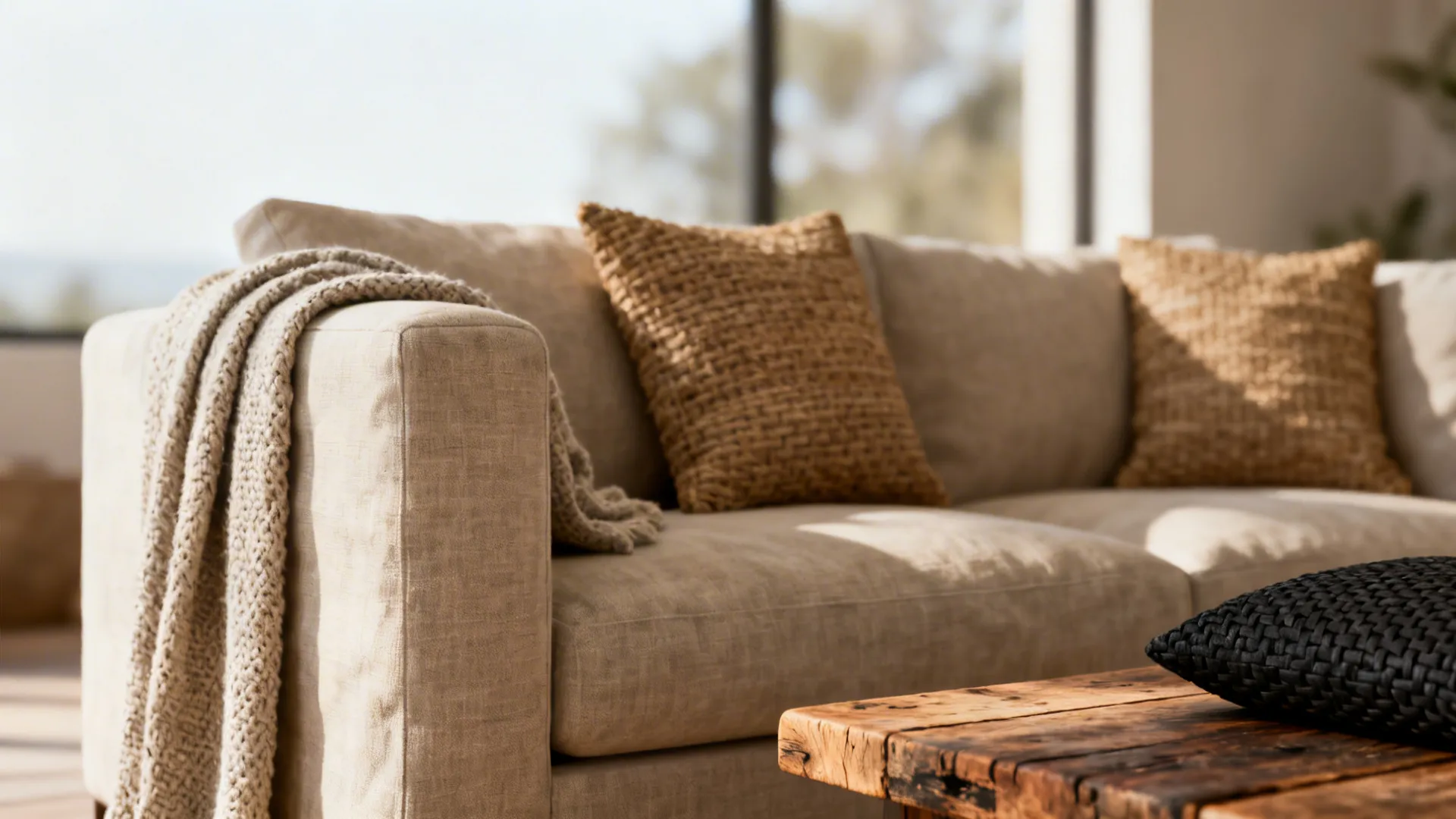 Close-up of linen sofa with textured throw, cushions and reclaimed wood coffee table edge.