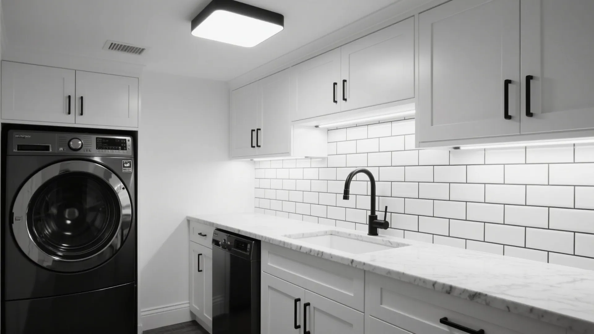 Modern laundry room with white cabinets black washing machine marble countertop and square ceiling light