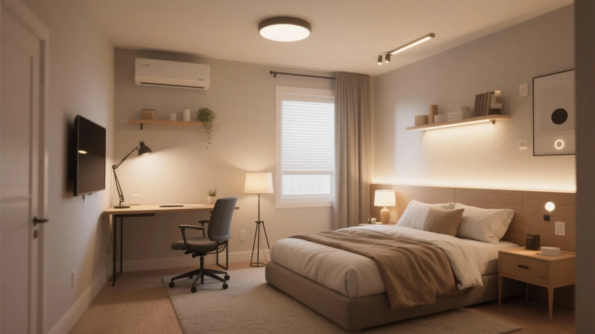 Cozy bedroom interior with warm lights ceiling light desk area bed wood shelves and neutral colors