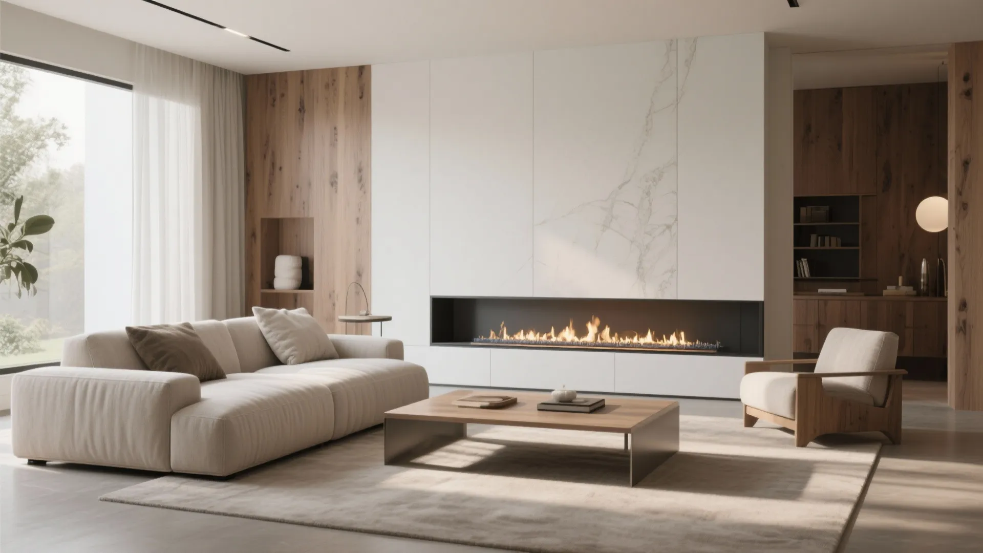 5. Neutral Fabric Sectional with Linear Gas Fireplace