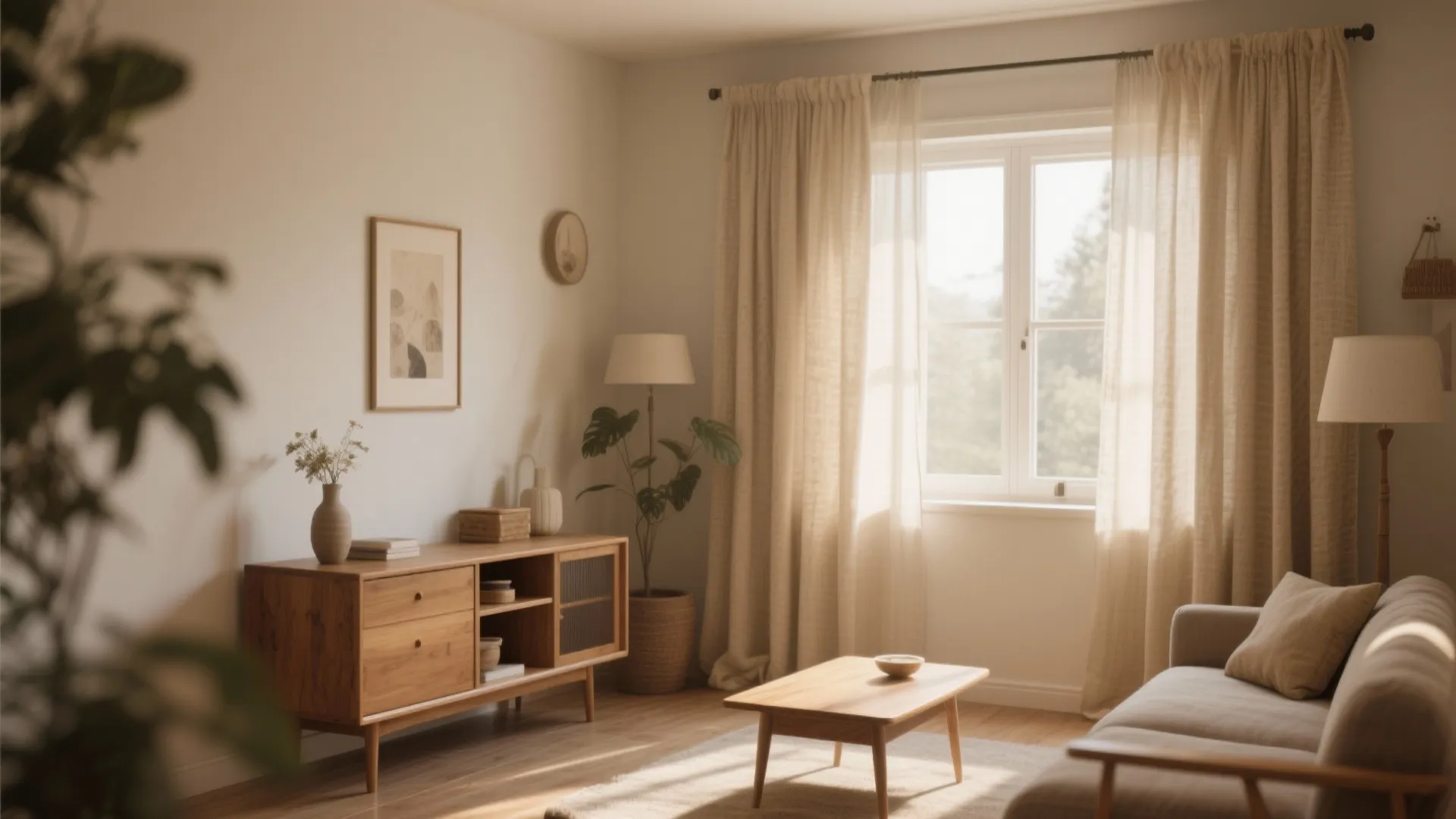 Warm living room with beige curtains wooden cabinet coffee table sofa floor lamp and natural light