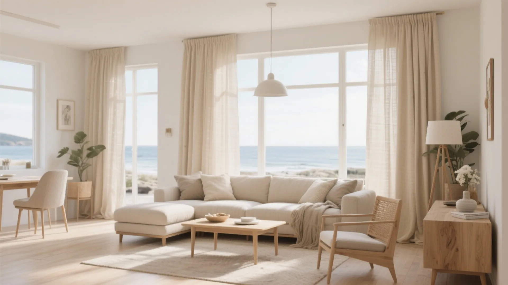 Bright living room with neutral linen curtains overlooking a beach view and light wood furniture