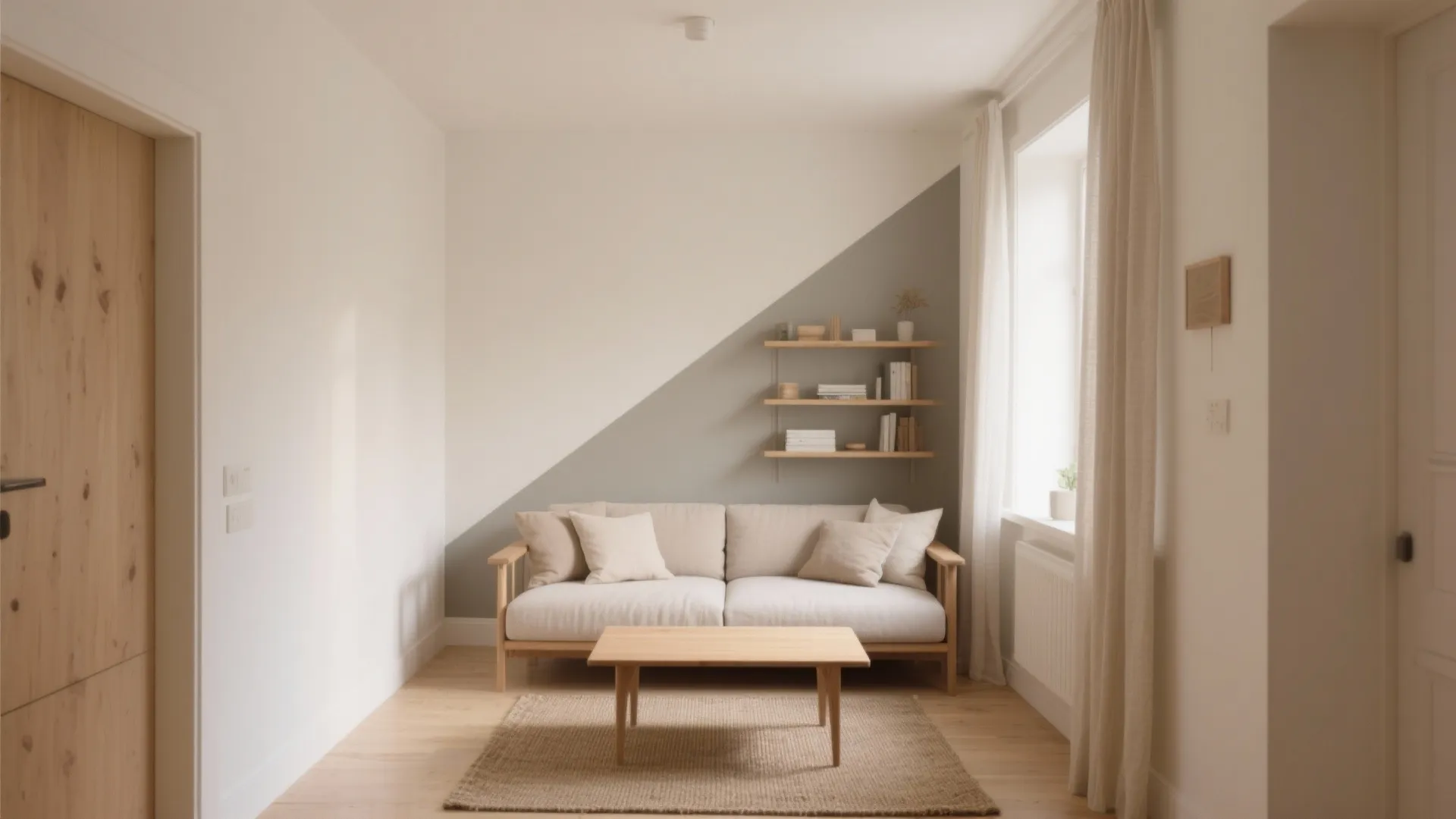 Tiny living room with warm ivory walls, a greige accent behind the sofa, and light oak and linen in a matte distemper finish