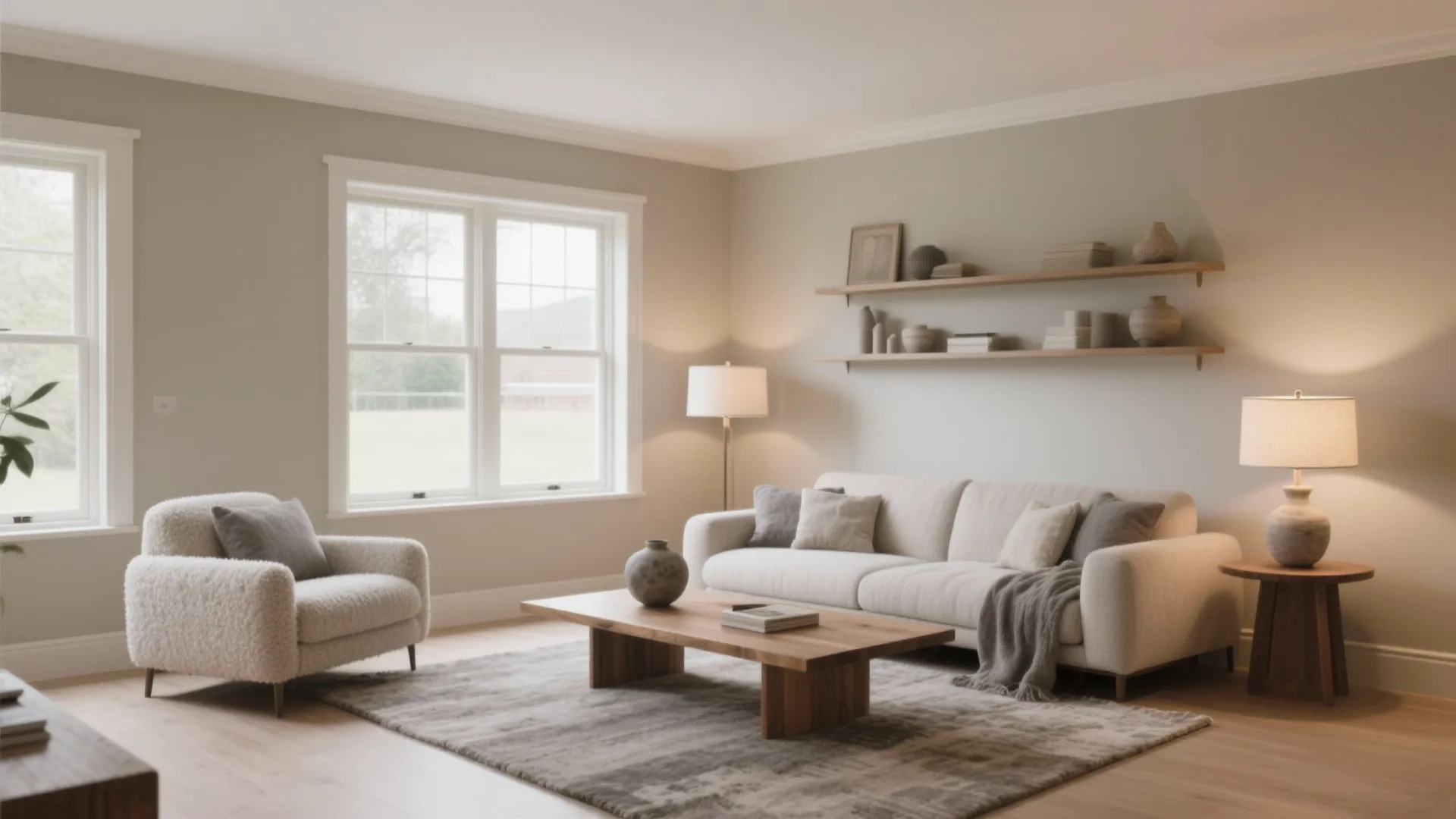 Modern neutral living room with cream sofa, grey armchair, wooden coffee table, and wall shelves