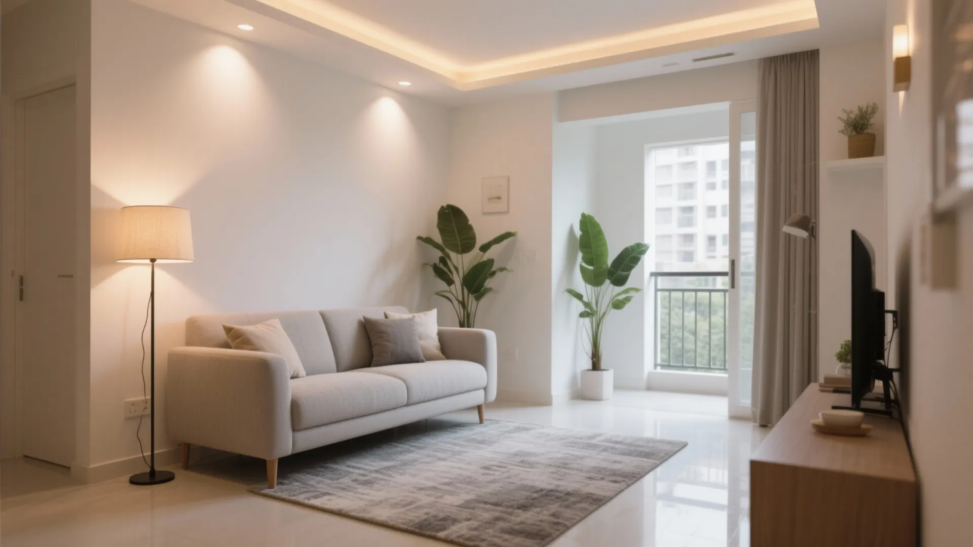 Calm neutral living room with layered lighting