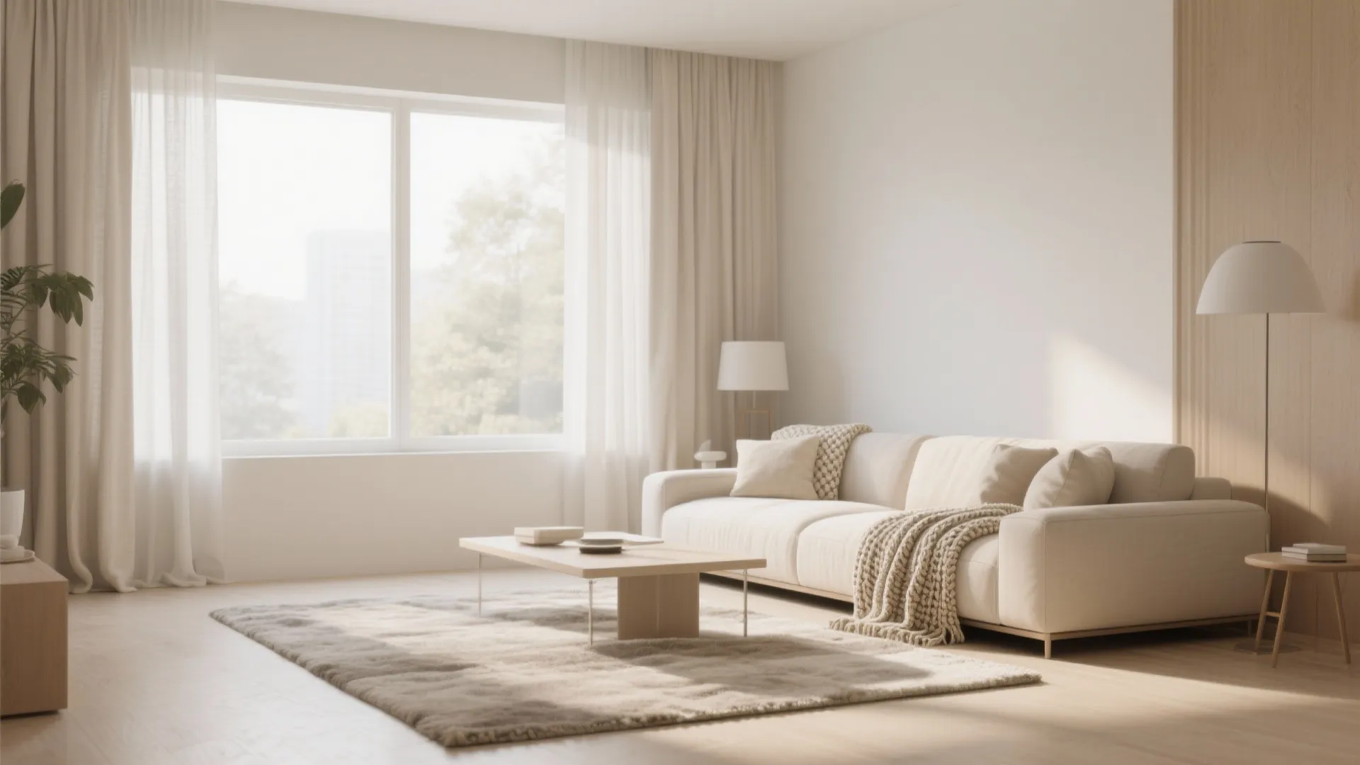Neutral-toned living room with light walls and textiles