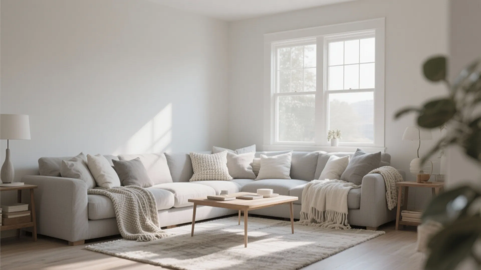 Modern grey corner sofa with pillows blankets and wooden coffee table in a bright room