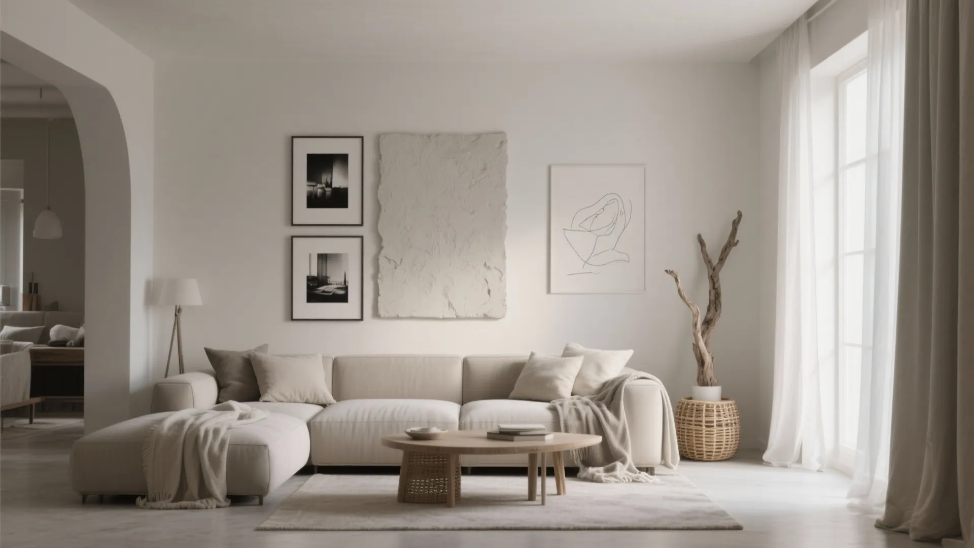 Neutral living room featuring beige sofa wood coffee table wall art floor lamp and white curtains