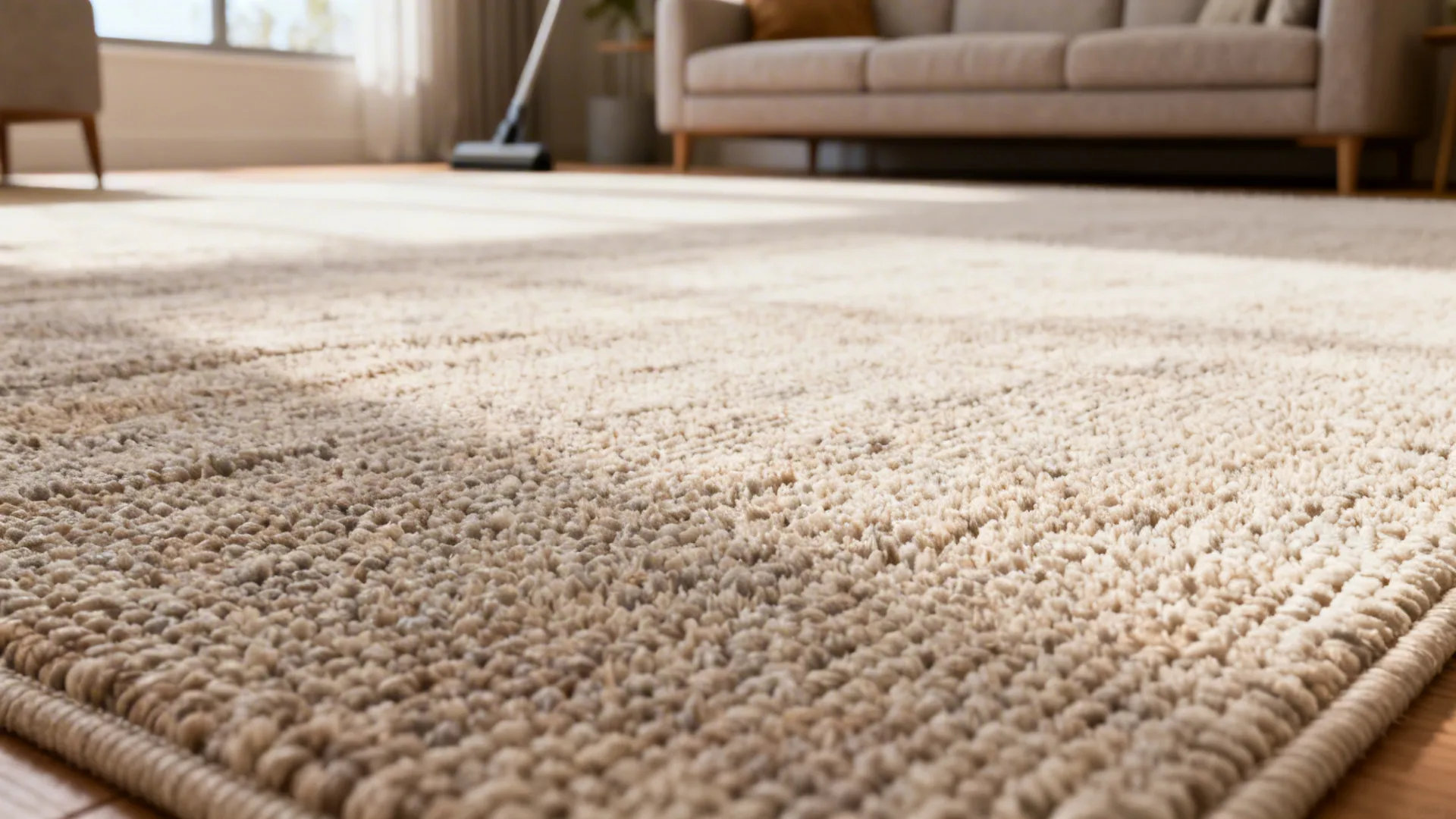Close-up of a neutral low-pile rug showing durable, easy-to-clean texture.