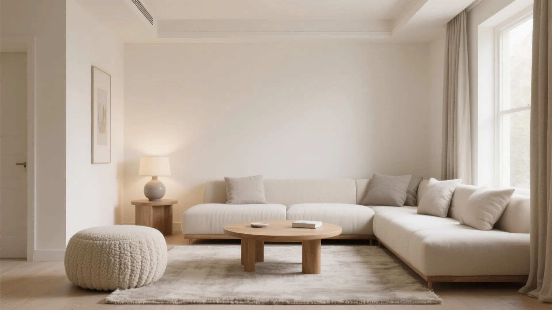 Minimalist living room with white cream sofa wooden coffee table soft rug and natural light