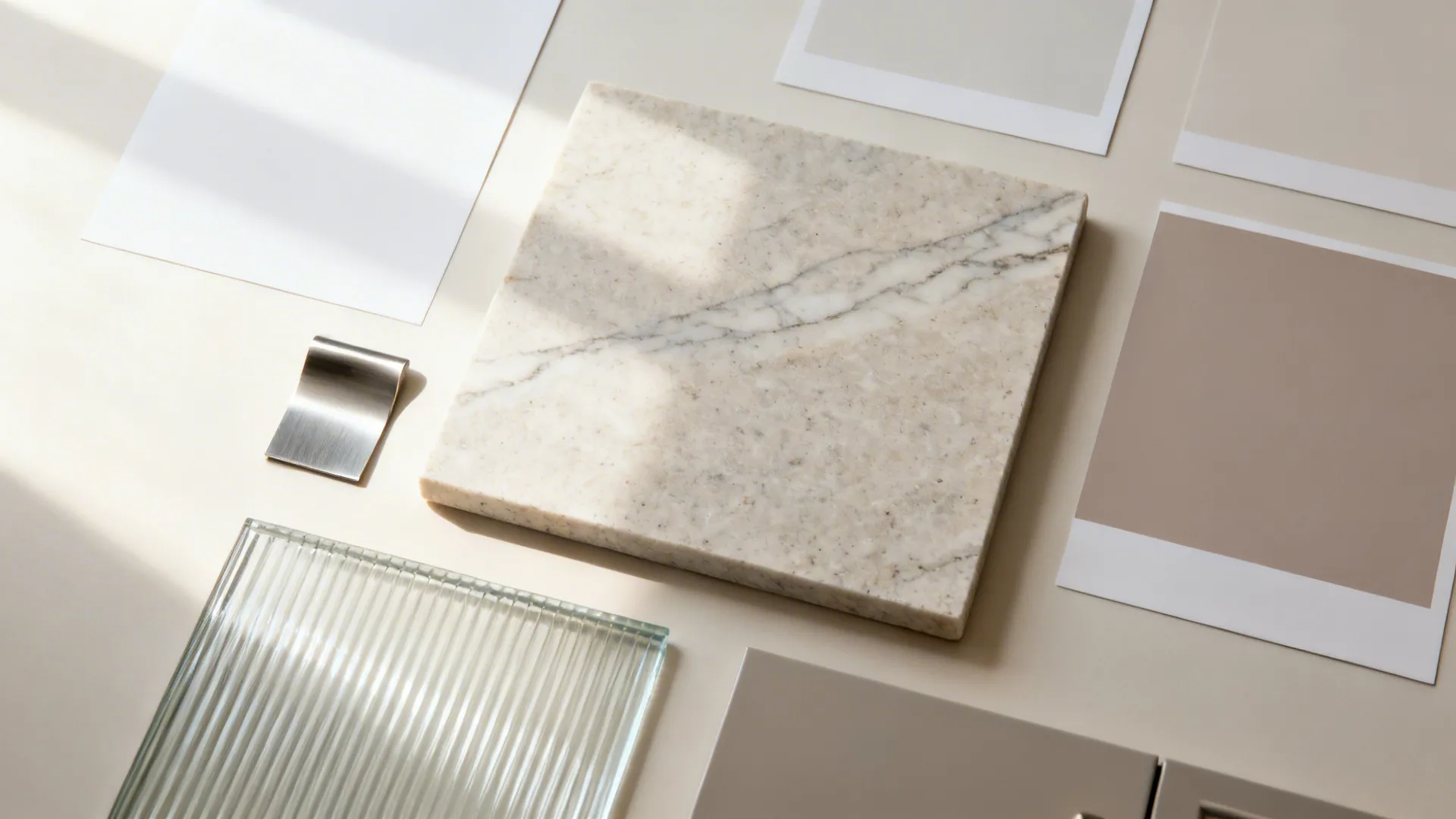Flat lay of warm white, greige, and taupe samples with a honed quartzite hero texture and reeded glass.
