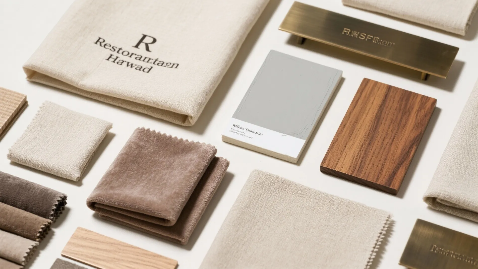 Neutral color palette with beige, taupe, and grey material samples