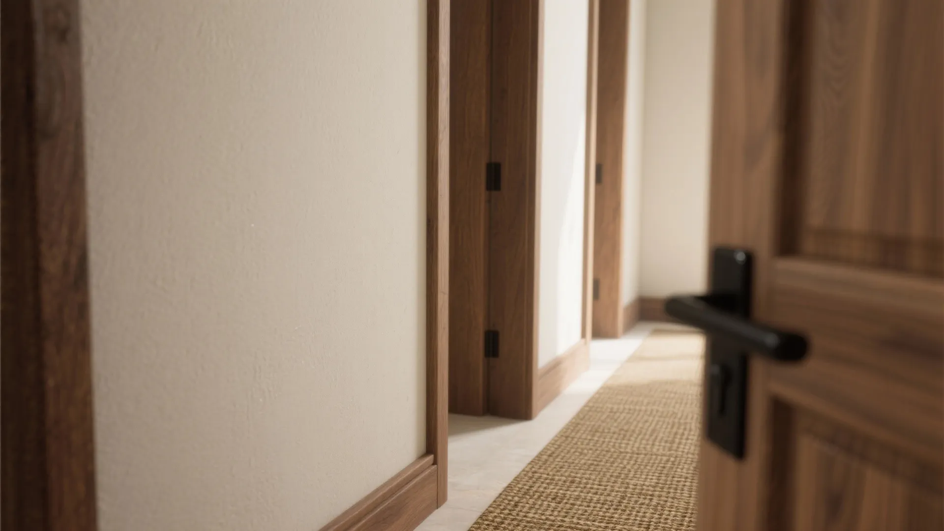 Close-up of wooden door handle with hallway view showing many door frames and woven rug
