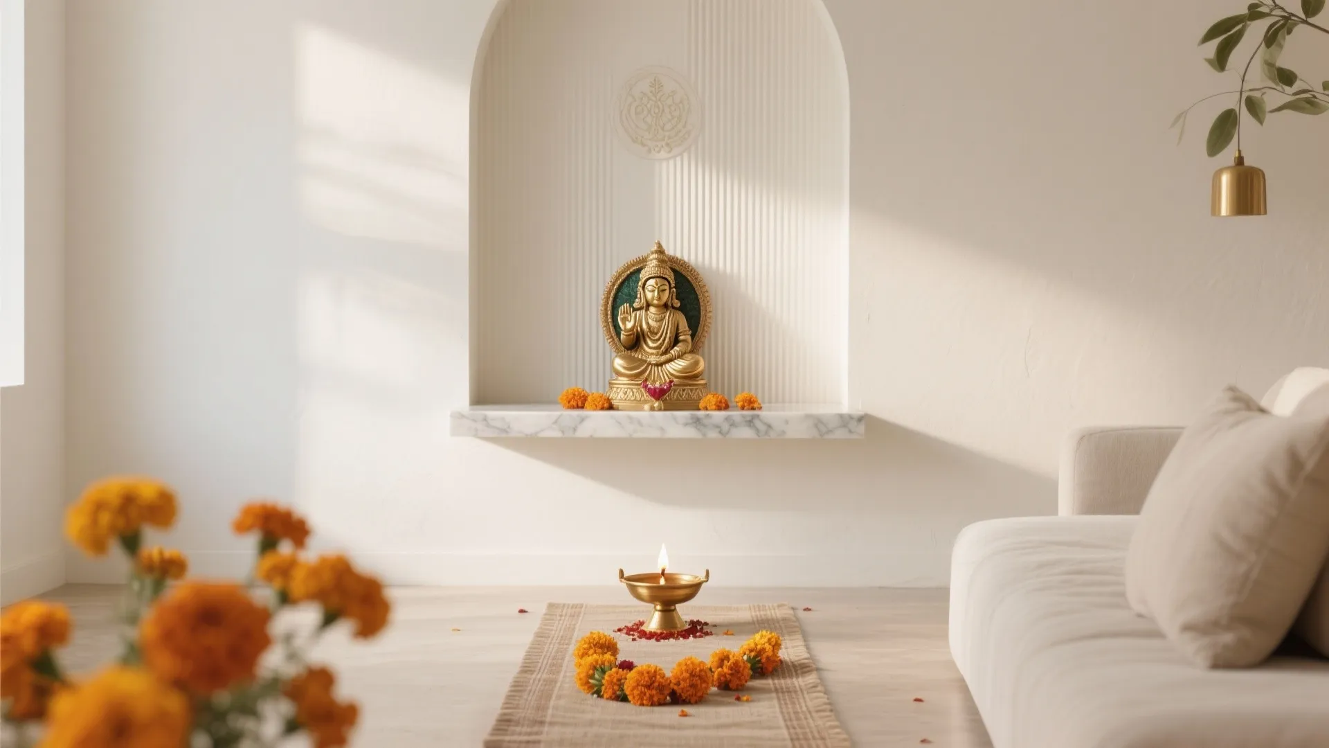 Minimal mandir with neutral backdrop