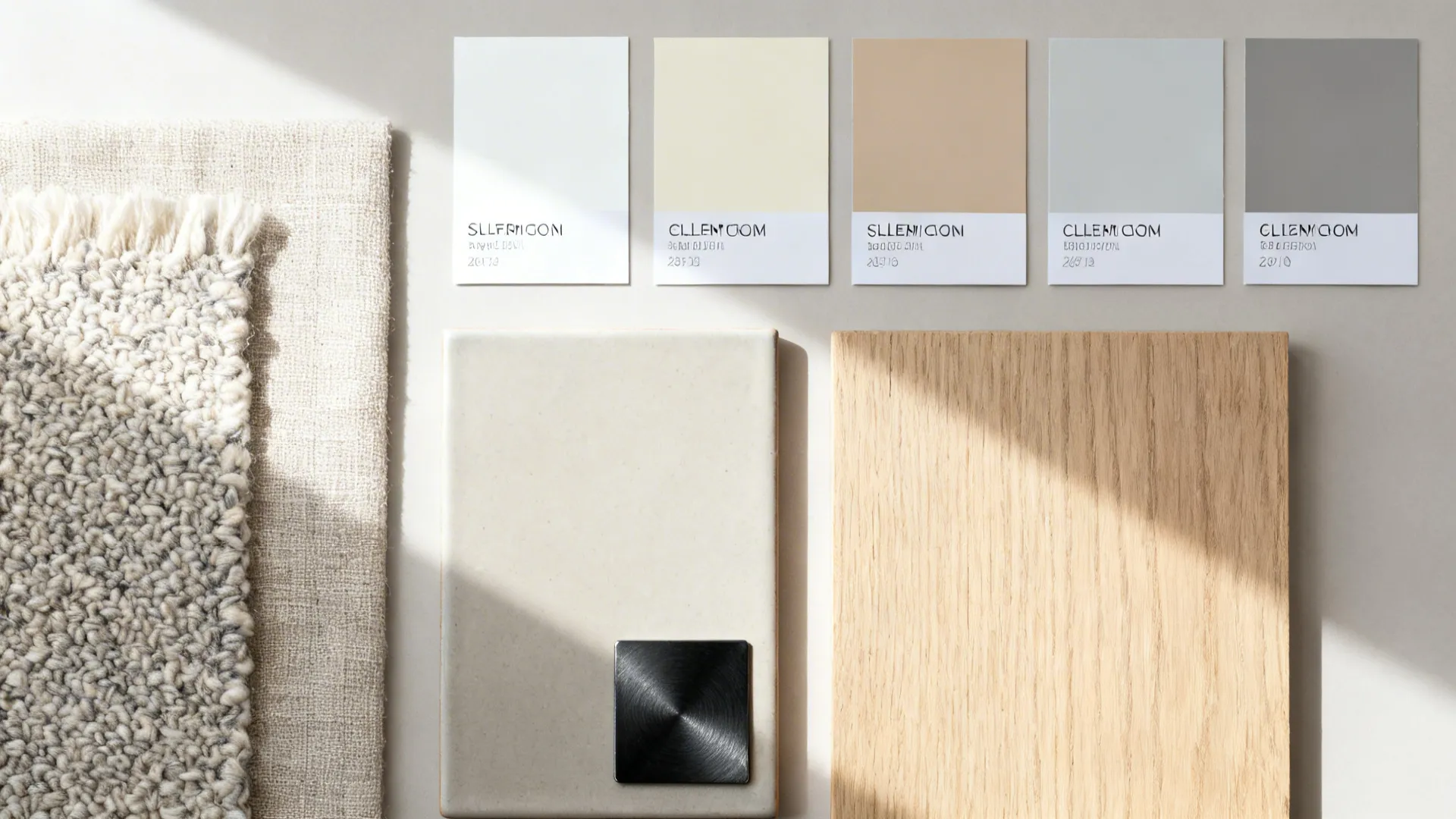 Flat lay of soft-neutral paint, boucle and linen fabrics, oak, and matte ceramics.