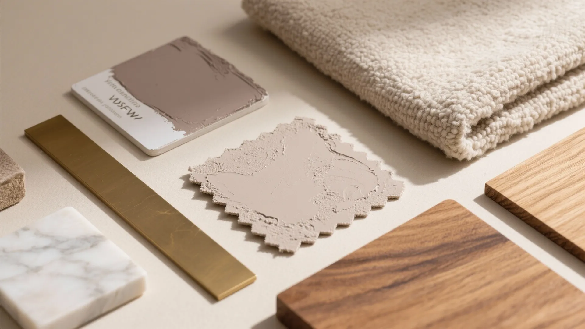 Flatlay of taupe limewash, plaster, linen, bouclé, brass, oak, and marble.