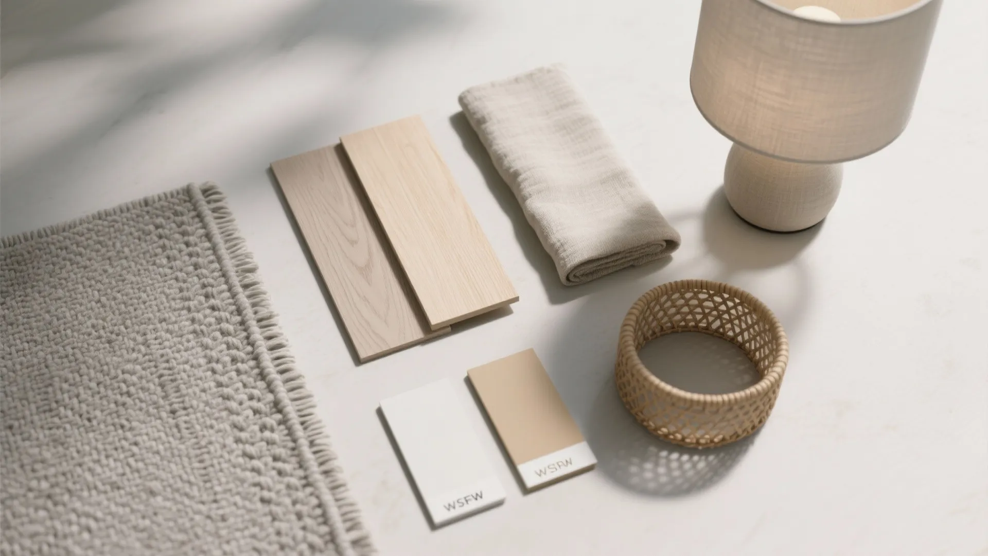 Material flatlay of pale wood, linen, woven rug and rattan samples in neutral Japanese palette