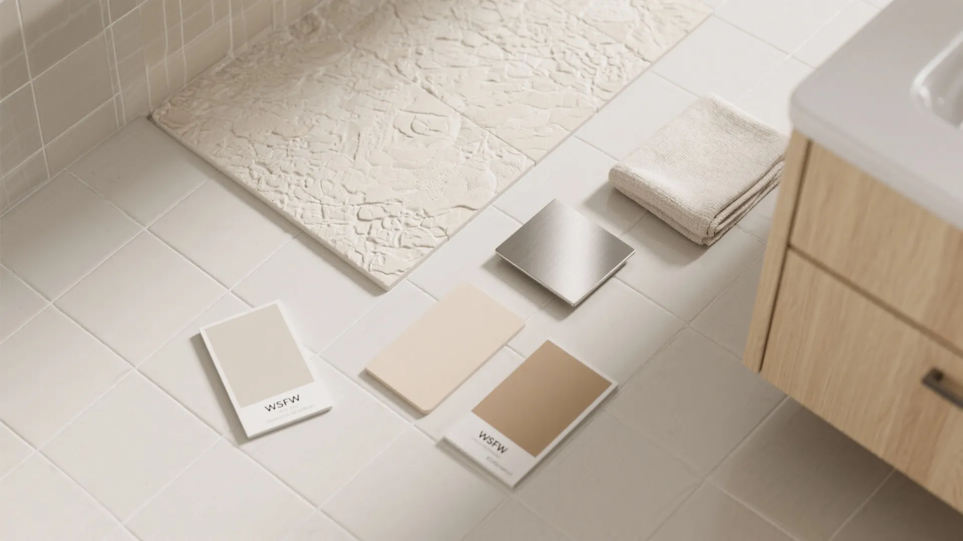 Bathroom floor tiles with color samples a folded towel and a wooden cabinet on top