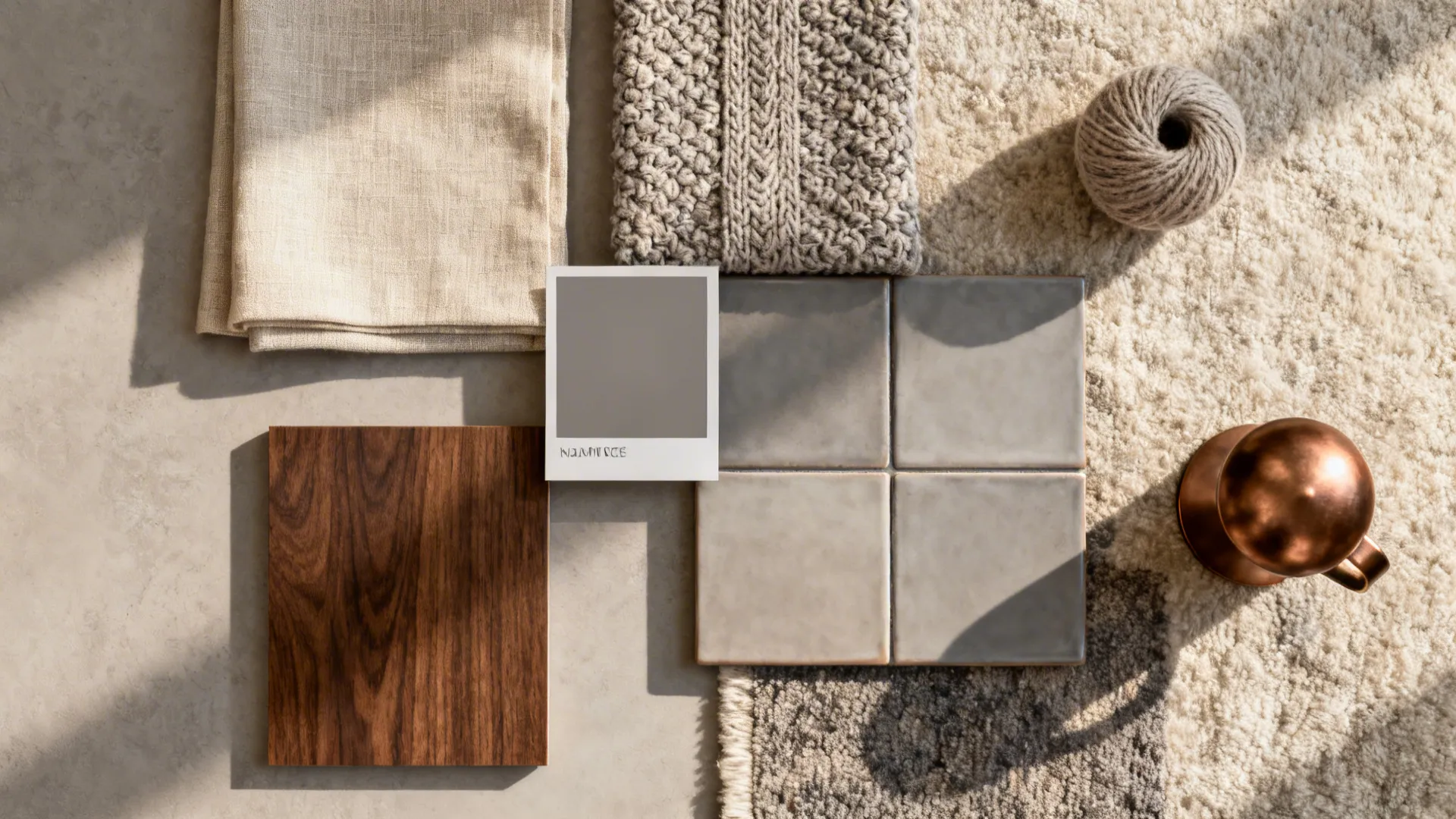 Flat lay of taupe, oat, gray textiles with walnut and bronze accents.