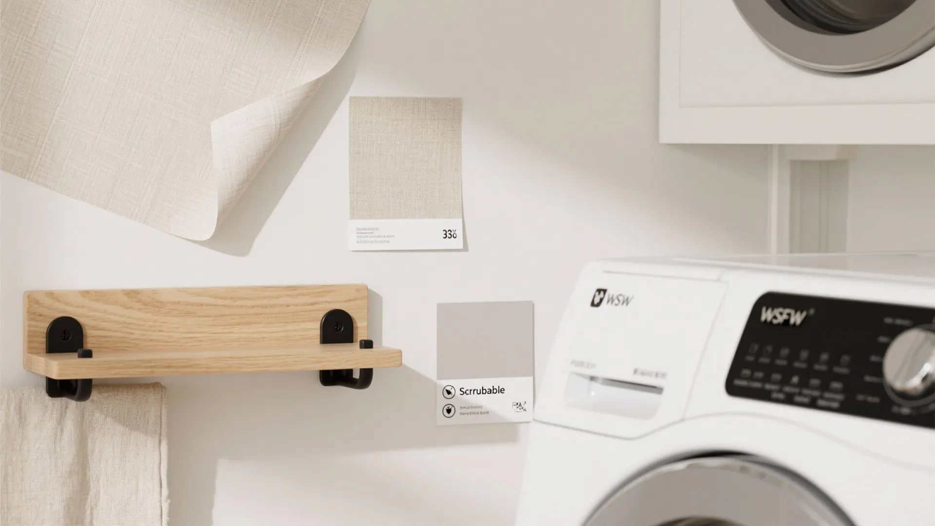 Close up of laundry room materials with fabric samples wooden shelf and white washing machine detail