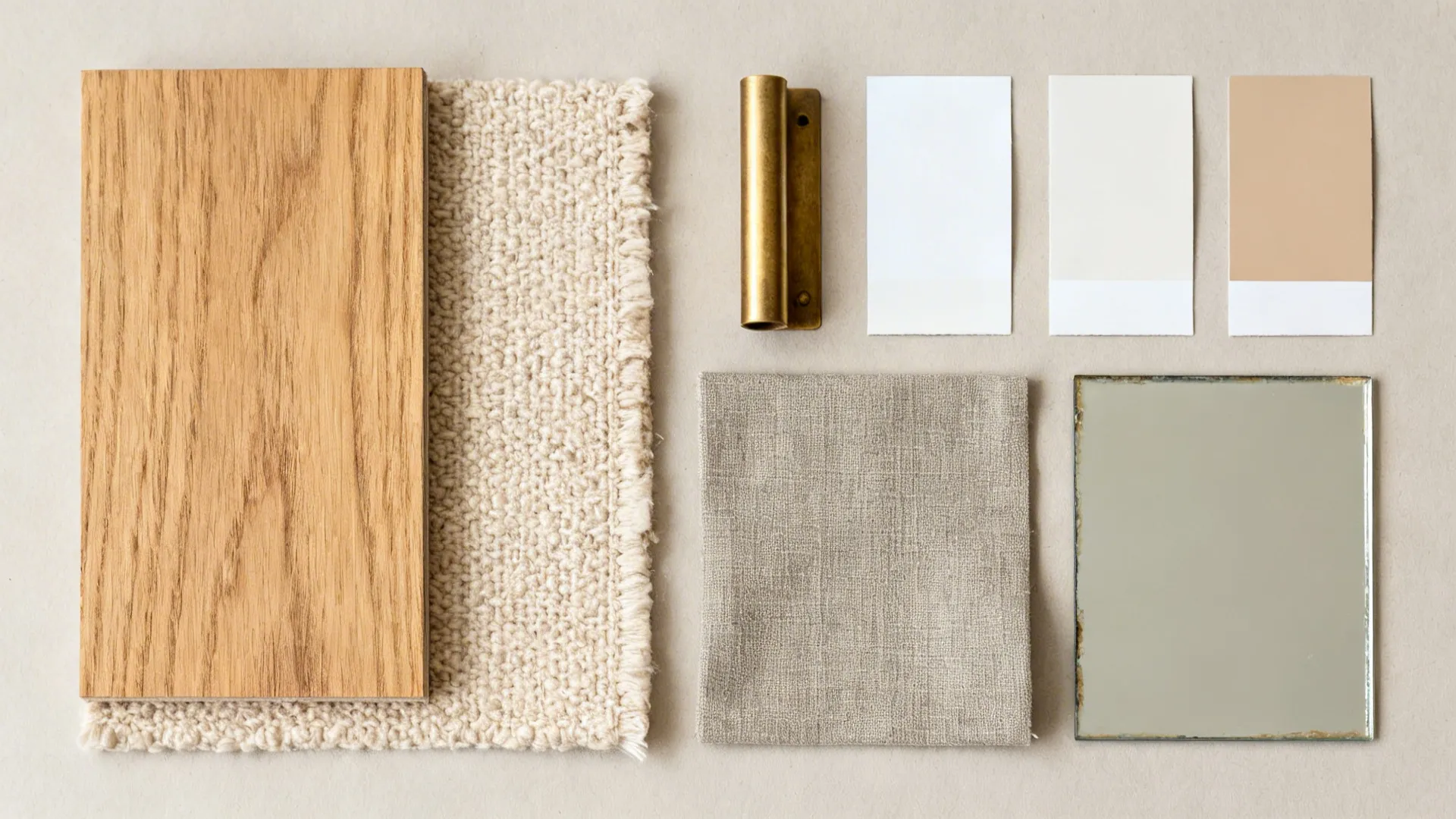 Interior design mood board with wood panel carpet fabric metal handle and neutral color swatches