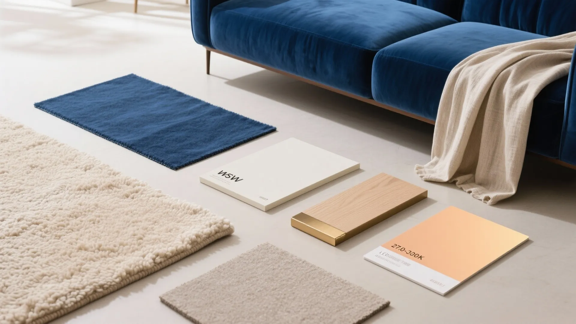 Blue velvet sofa with material samples like rugs wood and color cards on the floor