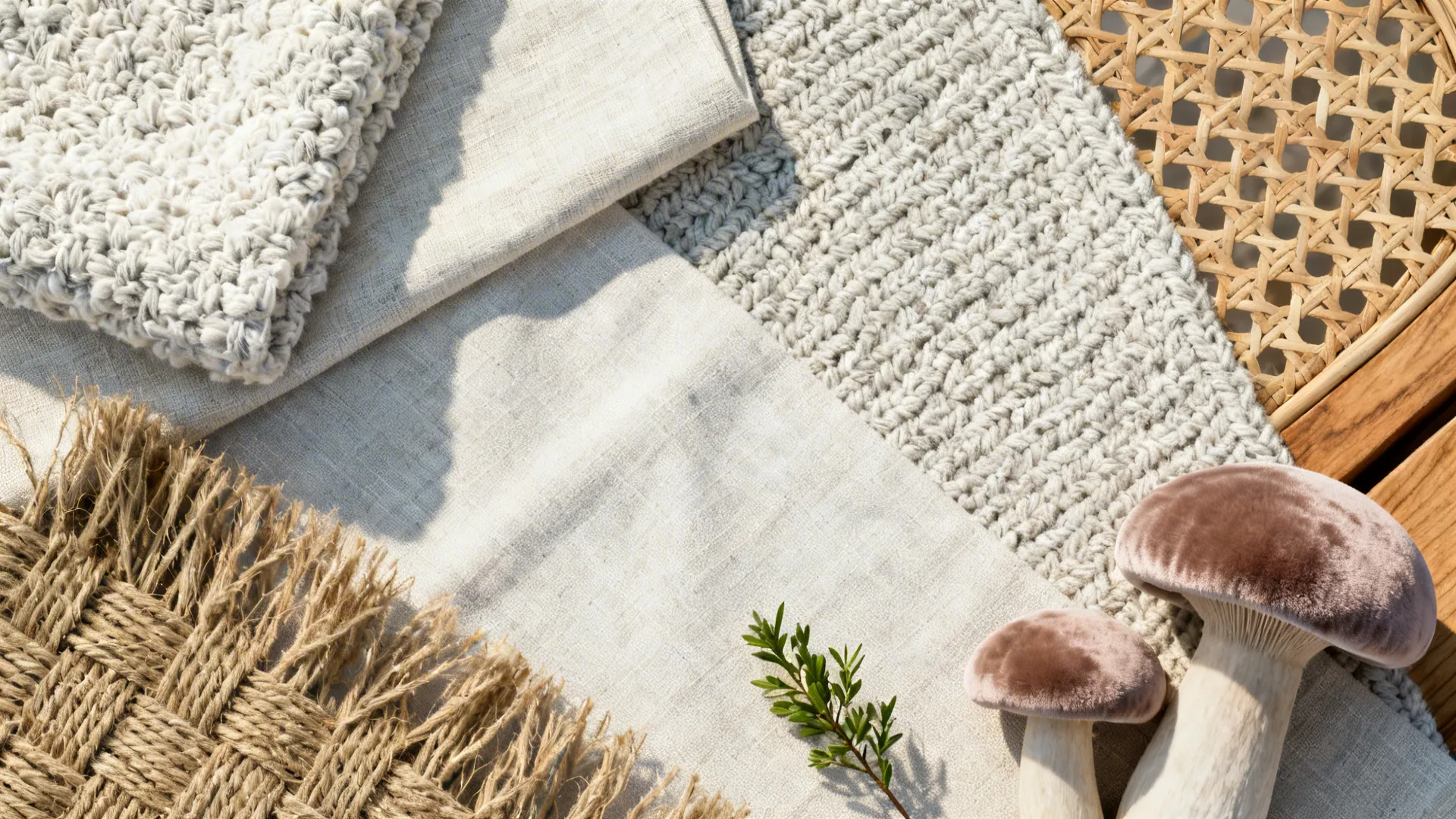 Close up of neutral fabric samples with woven textures mushrooms and green leaves for home decoration