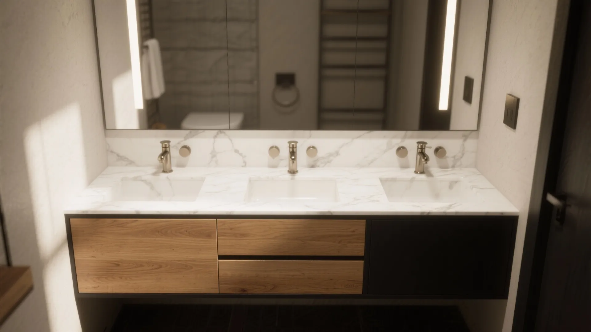 Modern bathroom with three white marble sinks, wooden vanity cabinet, large mirror, and warm light