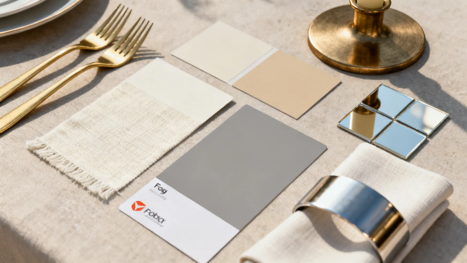 Flat lay of ivory, oat, gray palette with brushed brass, champagne gold, and nickel accents.