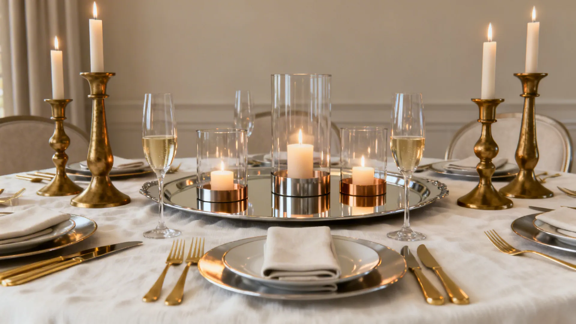 Neutral tablescape with brushed brass, champagne gold flatware, and a mirrored tray centerpiece.