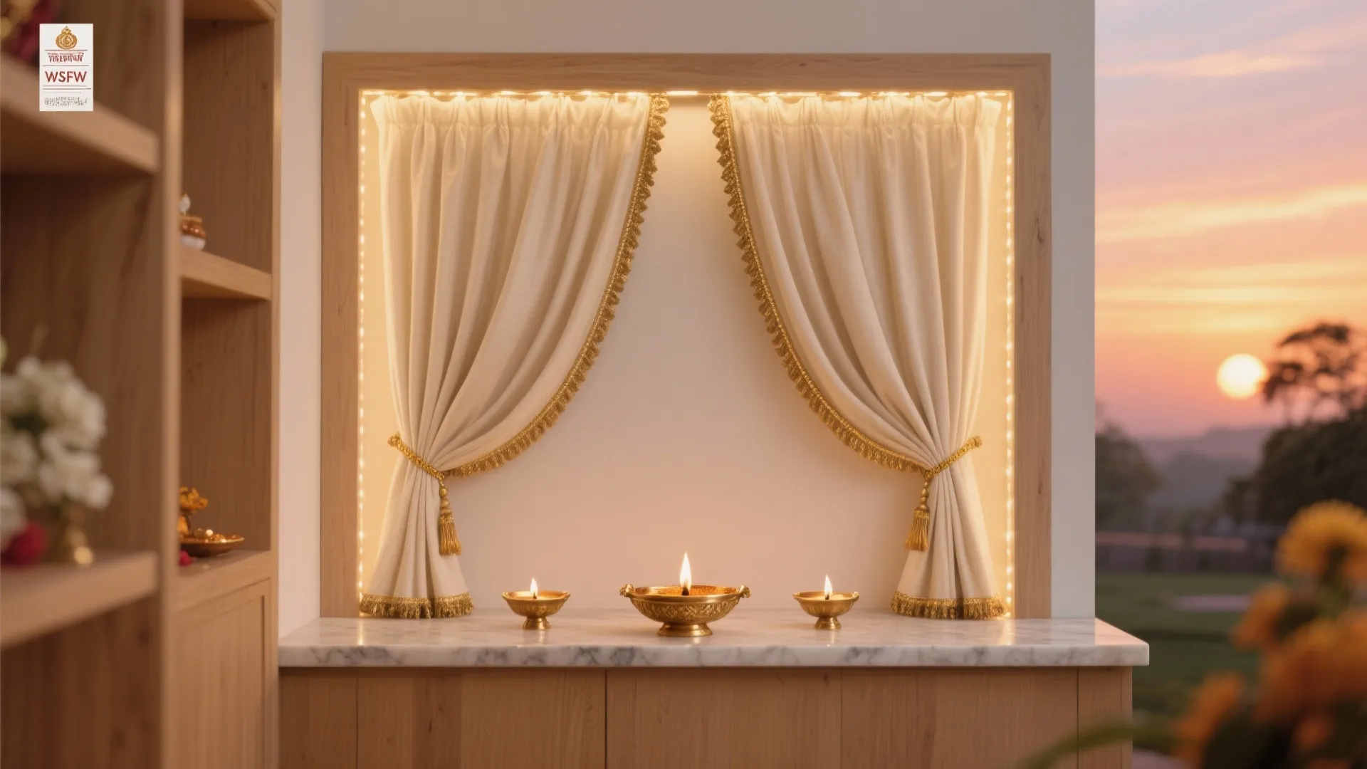 Cream curtains with gold trim hanging in a wooden frame above three burning small lamps