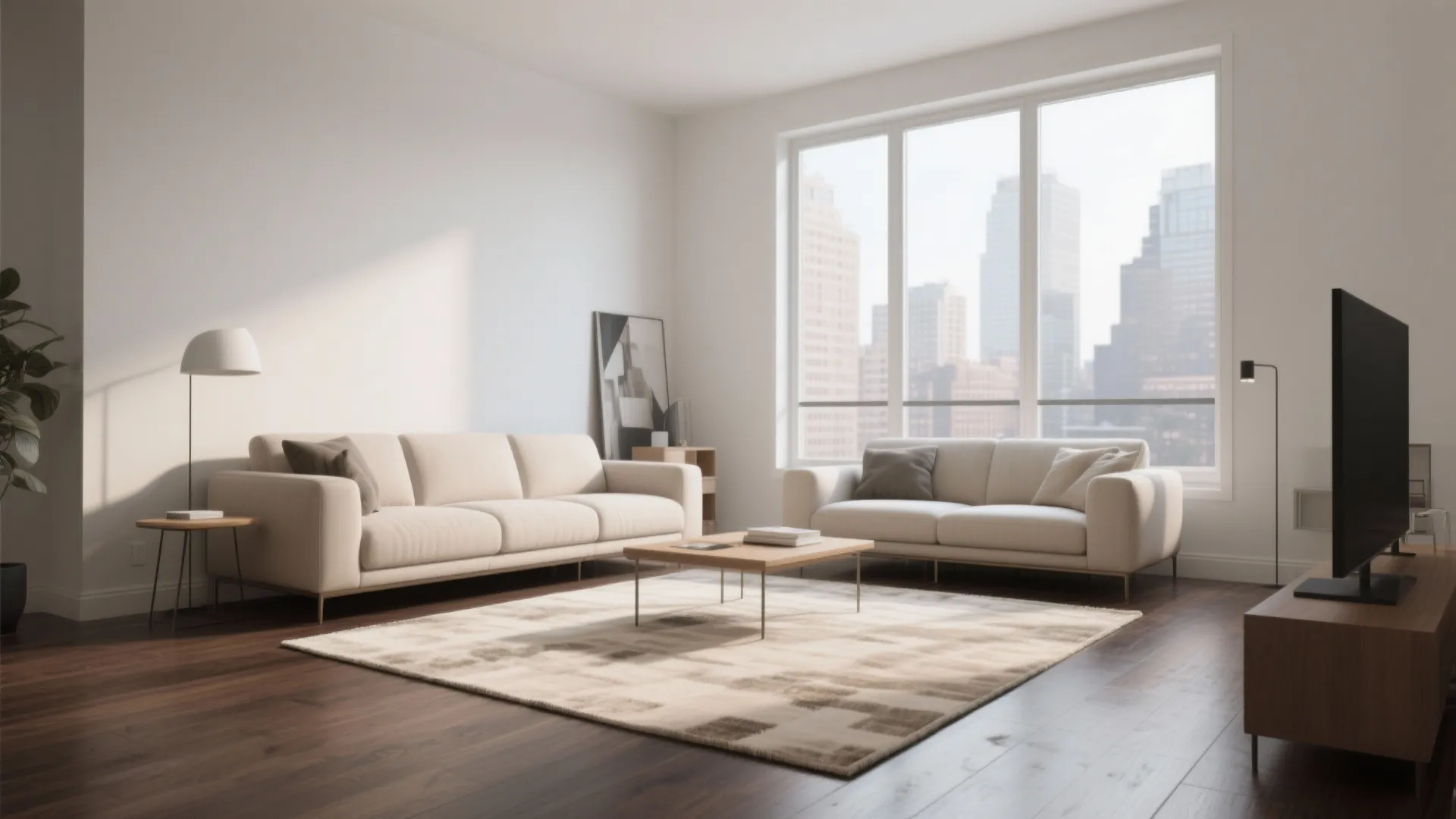 Modern white living room with cream sofa geometric pattern rug dark wood floor and city view